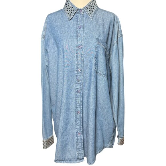 Vintage 80s Grand Ole Opry  L/XL Blue Denim Button Down Shirt Rhinestone Studs - Picture 3 of 12